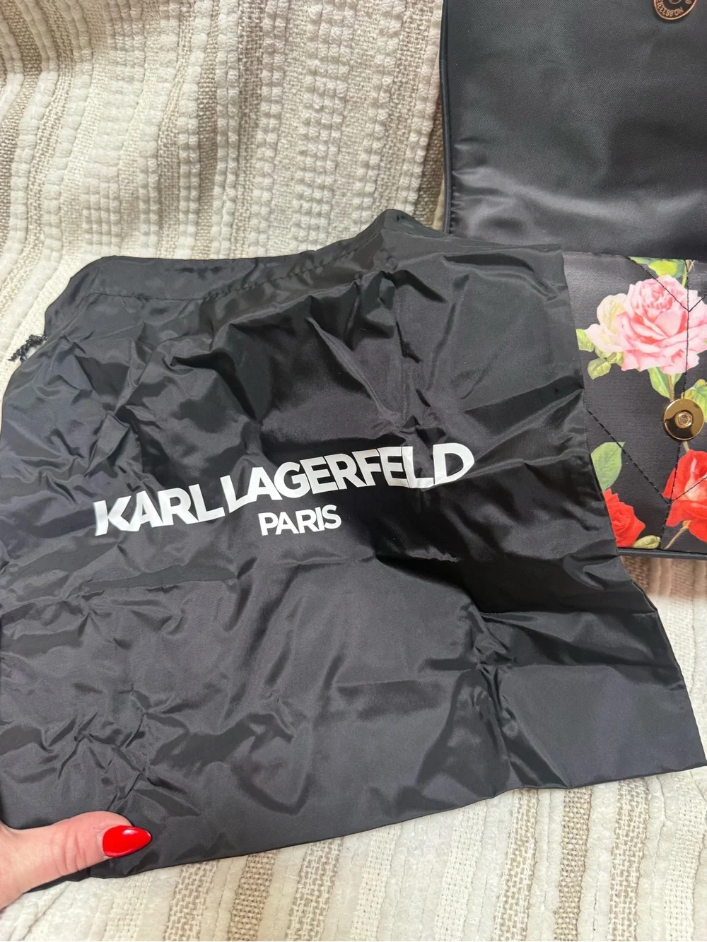 Karl Lagerfeld Quilted Floral Bag - Black with Red, Pink & Cream Roses